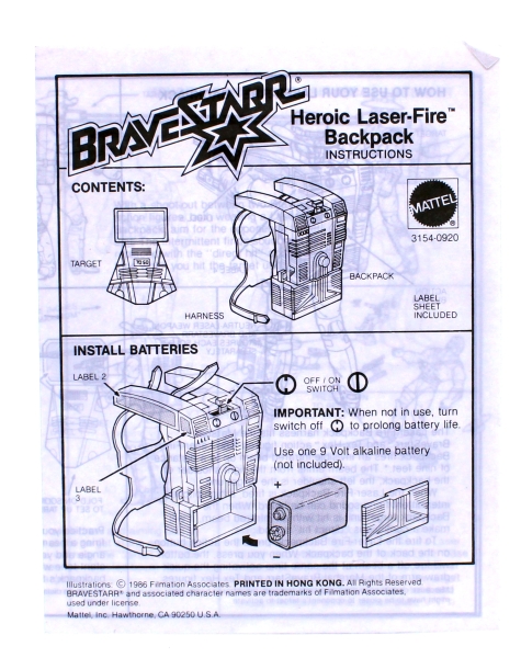 Bravestarr Instructions (Gebrauchsanleitung) "Heroic Laser-Fire Backpacks" von Mattel